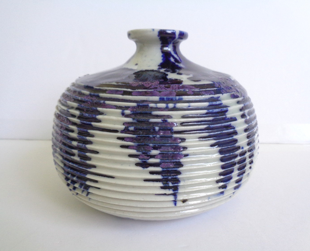 Vintage Blue Handmade Ceramic Vase Ribbed Textured Patina Pottery 1975 Signed
